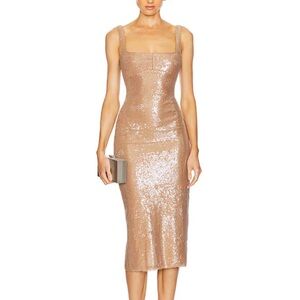 Revolve Camila Coelho Veda Midi Squareneck Sequin Midi Dress Neutral Nude Beige